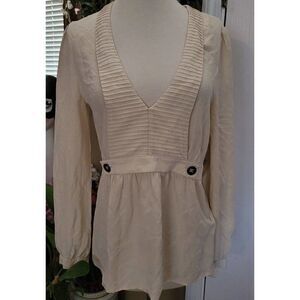 Be Seduced Womens 100% Silk V Neck Cream Beige Long Sleeve Top Blouse 4 Small